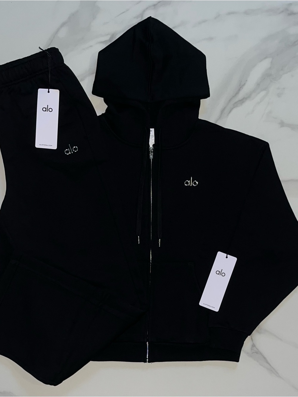 Alo Yoga Accolade Full Zip Hoodie & Sweatpants Set Black XS - Picture 1 of 13